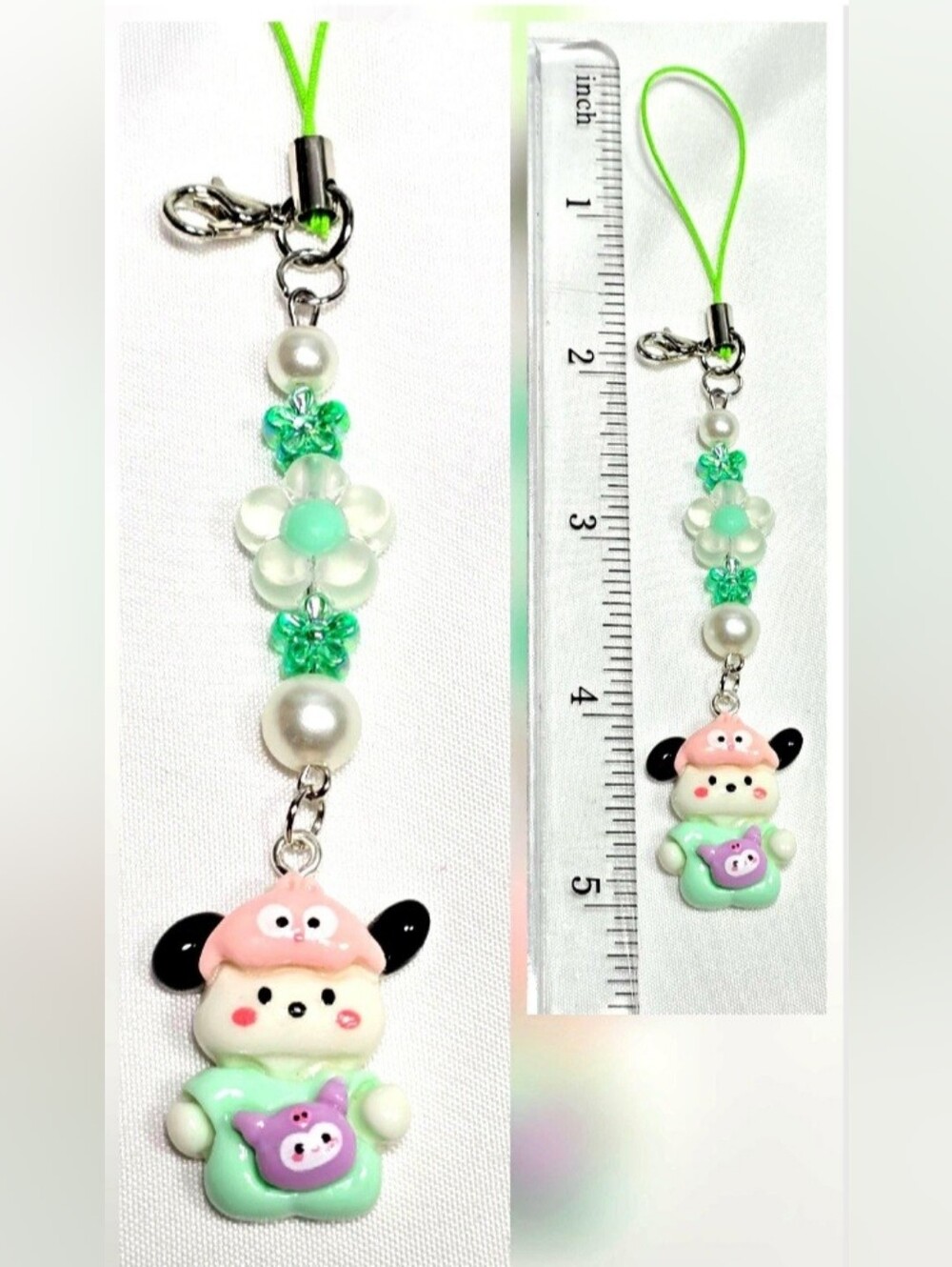 Cute Green Pochacco Kawaii Beaded Key Chain or Phone Charm